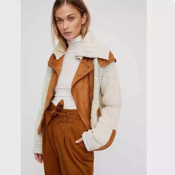Free People Counting Sheep Sherpa Suede Moto Jacket Medium Large Oatmeal Camel - Picture 15 of 15